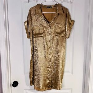 SHEIN Satin Gold Button-Up Collared Tunic Short Sleeve Dress XL